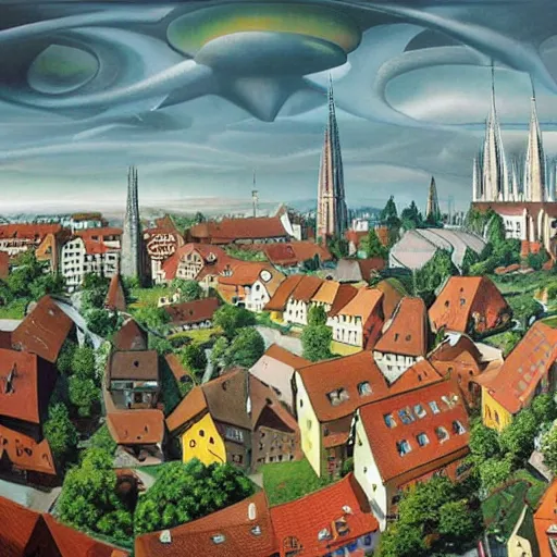 Prompt: a futuristic hyper realistic painting of ravensburg in the year 3 2 0 0 w 8 3 2