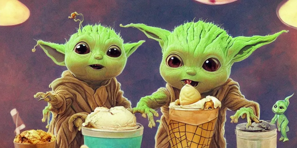 Prompt: Groot and baby Yoda eating an ice cream while watching Pikachu dance, very detailed picture, very detailed and beautiful lighting