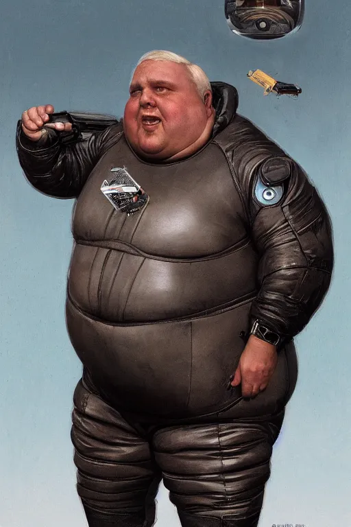 Image similar to upper body portrait of a morbidly obese man wearing leather spacesuit, bionic eye, detailed, illustration by normal rockwell, artstation character art, john william waterhouse, concept art, greg rutkowski