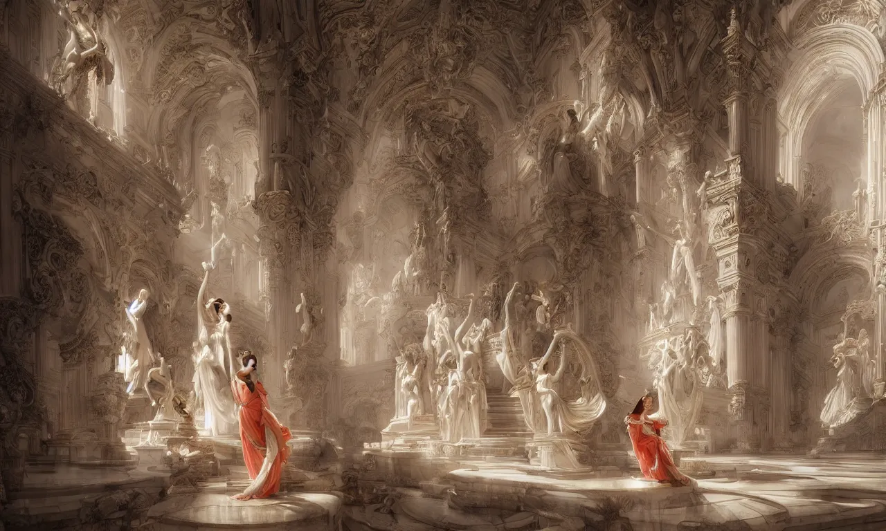 Prompt: a luminous fairytale of a beautiful realistic woman playing the harp in a baroque white marble cathedral. Neon light, masterpiece 4k digital illustration by Ruan Jia and Mandy Jurgens and Artgerm and William-Adolphe Bouguereau, award winning, Artstation, Gustave Dore' background, intricate details, realistic, panoramic view, volumetric lighting, Hyperdetailed, 8k resolution, intricate art nouveau, sharp focus, smooth, colorful, rendered in Unreal Engine 3