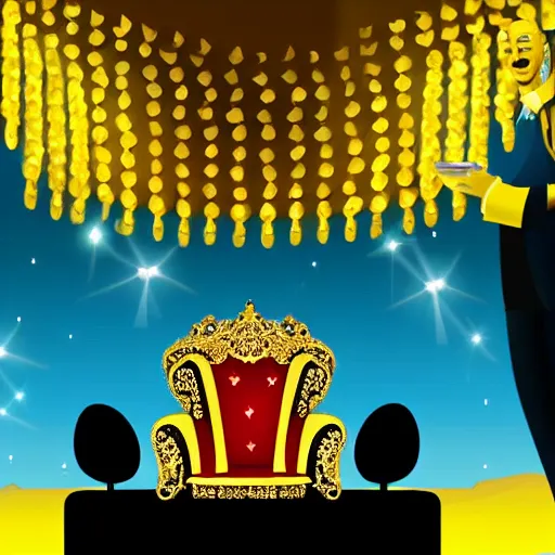 Image similar to cartoon of a shining majestic throne made of millions of diamonds, gold and zaphires with thousands of light reflections, and a clown on a tuxedo suit is sitting on the throne while handing a golden balloon, dramatic light