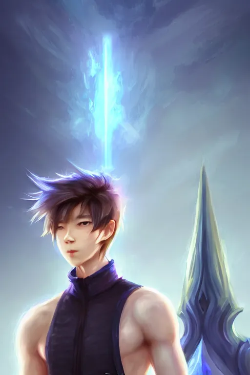 Prompt: fullbody portrait of a male fit hero with strange hairs, soft smile, final fantasy, league of legends champion, strong iridescent light, by chengwei pan and sakimichan, gradient white to gold, in front of a magical building background, highly detailed portrait, digital painting, smooth, focus illustration