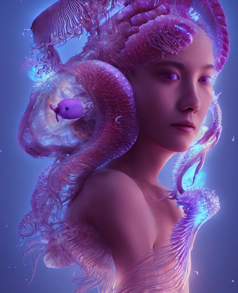 Image similar to goddess close-up portrait. orchid jellyfish phoenix head, nautilus, skull, betta fish, bioluminiscent creatures, intricate artwork by Tooth Wu and wlop and beeple. octane render, trending on artstation, greg rutkowski very coherent symmetrical artwork. cinematic, hyper realism, high detail, octane render, 8k