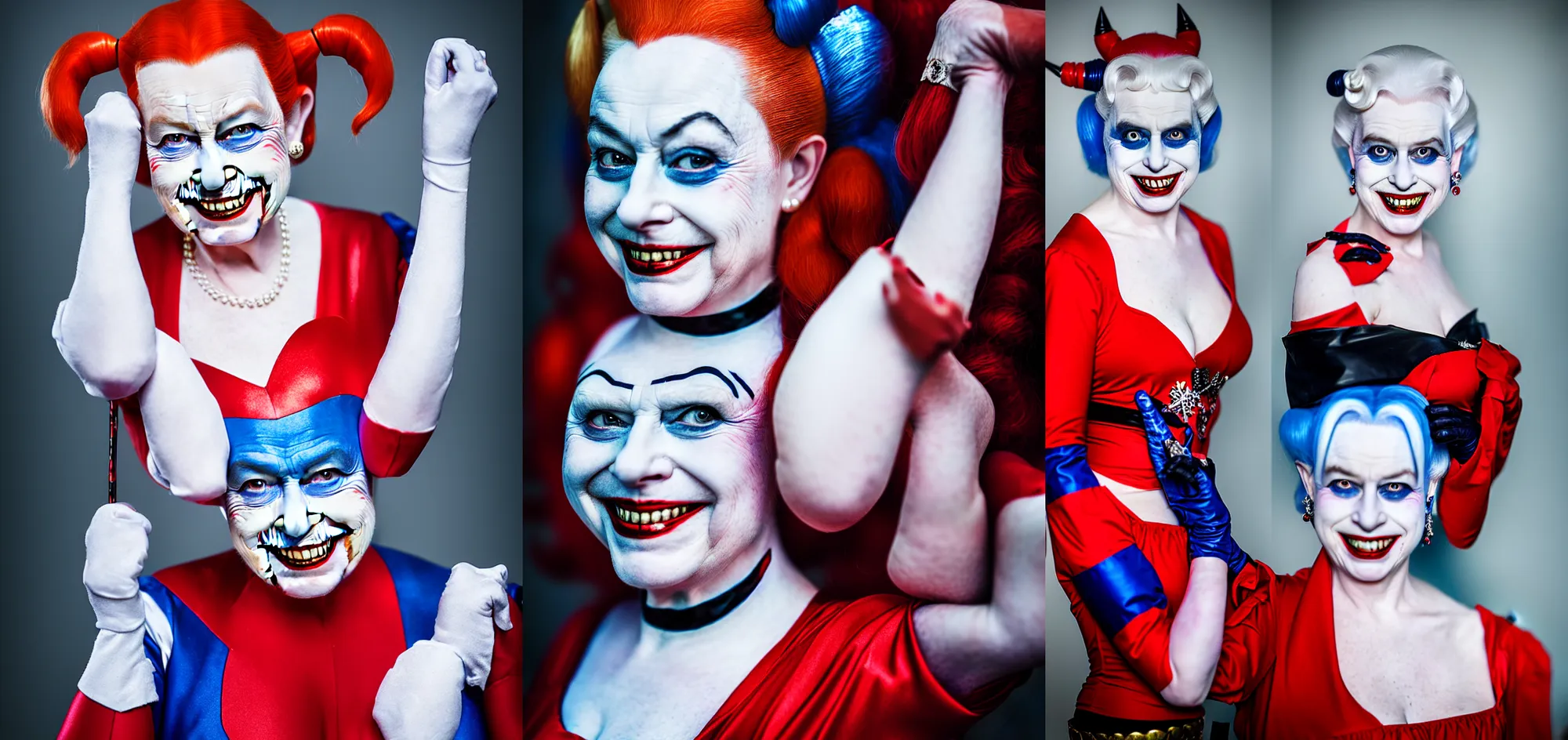 Image similar to Queen Elizabeth dressed as Harley Quinn, professional portrait photo, 80 mm lens