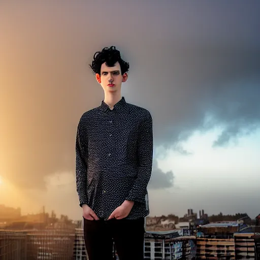 Prompt: un ultra high definition studio quality photograph portrait of a pale young man with black hair standing on the rooftop of an apartment building in cardiff wearing eclectic clothes looking away from the camera. wide angle. morning. art directed. clear. fog. three point light. extremely detailed. golden hour, golden ratio, ray tracing, volumetric light, shallow depth of field.