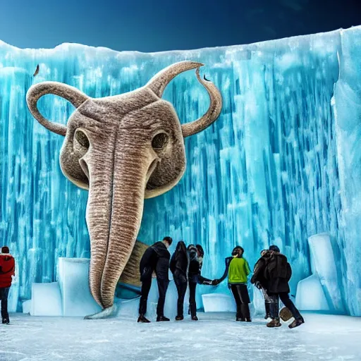 Image similar to a mammouth frozzen in a giant wall of ice perfectly intact with a group of scientists looking at it