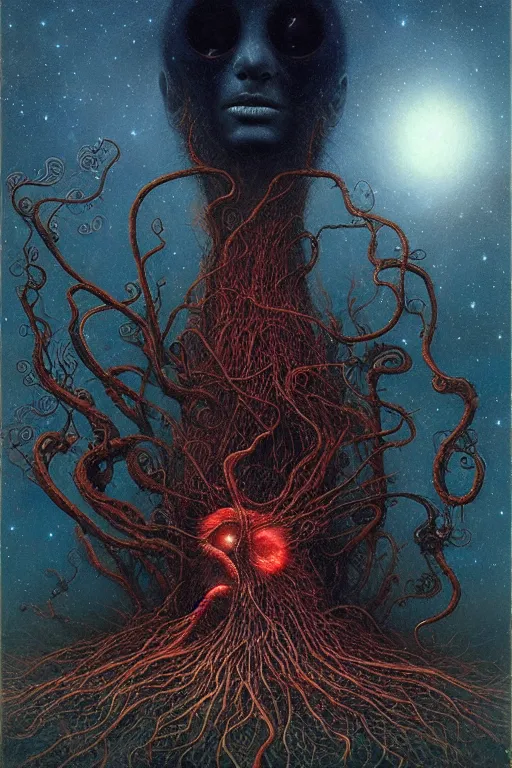 Image similar to the night sky is black and full of stars, huge red eyes are floating in the sky, their irises are red, ethereal tentacles, by Esao Andrews and Karol Bak and Zdzislaw Beksinski