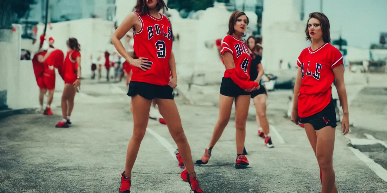 Prompt: attractive woman in bulls jersey and short shorts, high contrast, high saturation cinematic film still