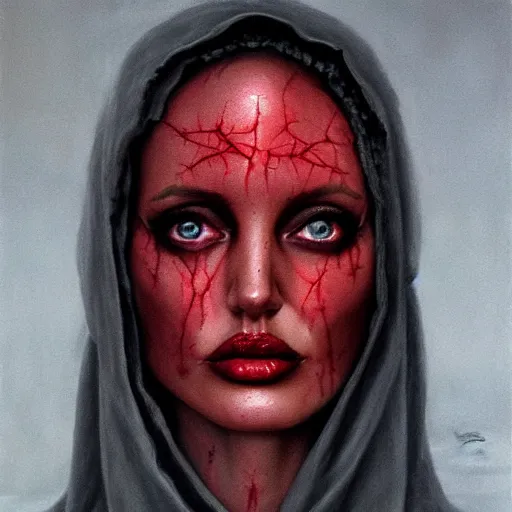 Prompt: portrait of Angelina Jolie with red glowing eyes in hood and crown of thorns, dark fantasy, Warhammer, artstation painted by Zdislav Beksinski and Wayne Barlowe