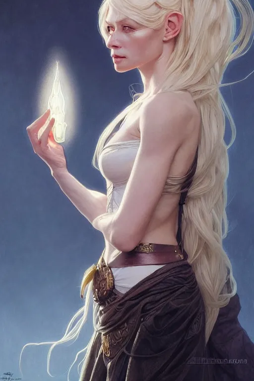 Image similar to portrait of an old blonde elven mage, dark, piercing eyes, gentle expression, elegant clothing, photorealistic, highly detailed, artstation, smooth, sharp focus, art by michael whelan, artgerm, greg rutkowski and alphonse mucha