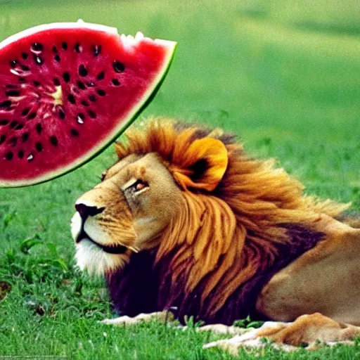 Prompt: Lion pouncing on watermelon, award winning nature photo, 1993