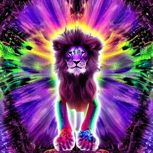 Prompt: a purple lion - like creature, engulfed in glowing iridescent alien flora, with strange rainbow alien flowers, dramatic, award - winning photography