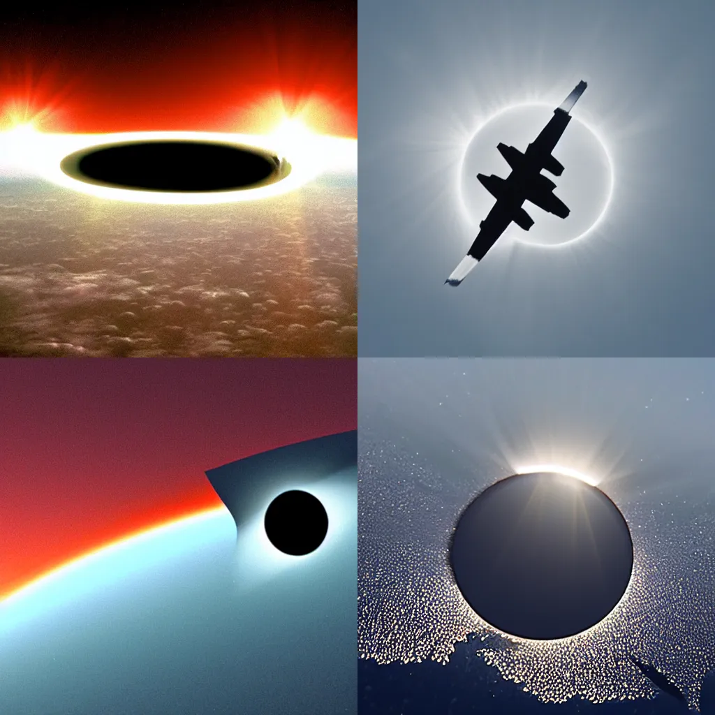 Prompt: total solar eclipse picture taken on a plane, realistic.