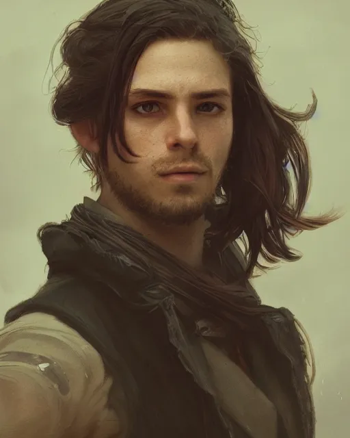 Prompt: portrait, cute young man, long hair, post - apocalyptic, waistcoat, black greatcoat, very detailed, dusk, character illustration, soft lighting, octane render, greg rutkowski, alphonse mucha, sung choi, 8 k