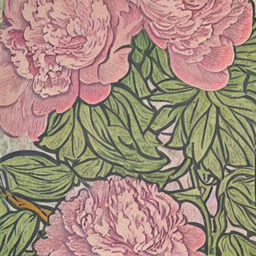 Image similar to william morris style print of beautiful light pink peonies and green leaves, repeating pattern, by william morris and Van Gogh