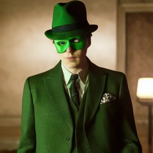 Image similar to film still of Paul Dano as Riddler in a green suit and tie and green fedora in a dark room in The Batman, 4k, dark lighting!!!!, film noir, grainy, dark tone