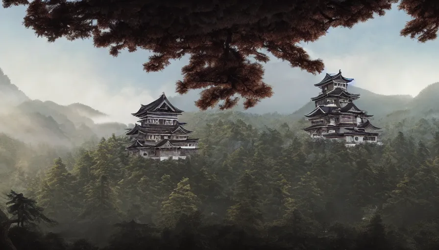 Image similar to A highly detailed matte painting of a large japanese castle, dark and wooden, in the mountains with volumetric fog, with matsu pine trees, by Studio Ghibli, Makoto Shinkai, by Artgerm, by beeple, volumetric lighting, octane render, 4K resolution, trending on artstation