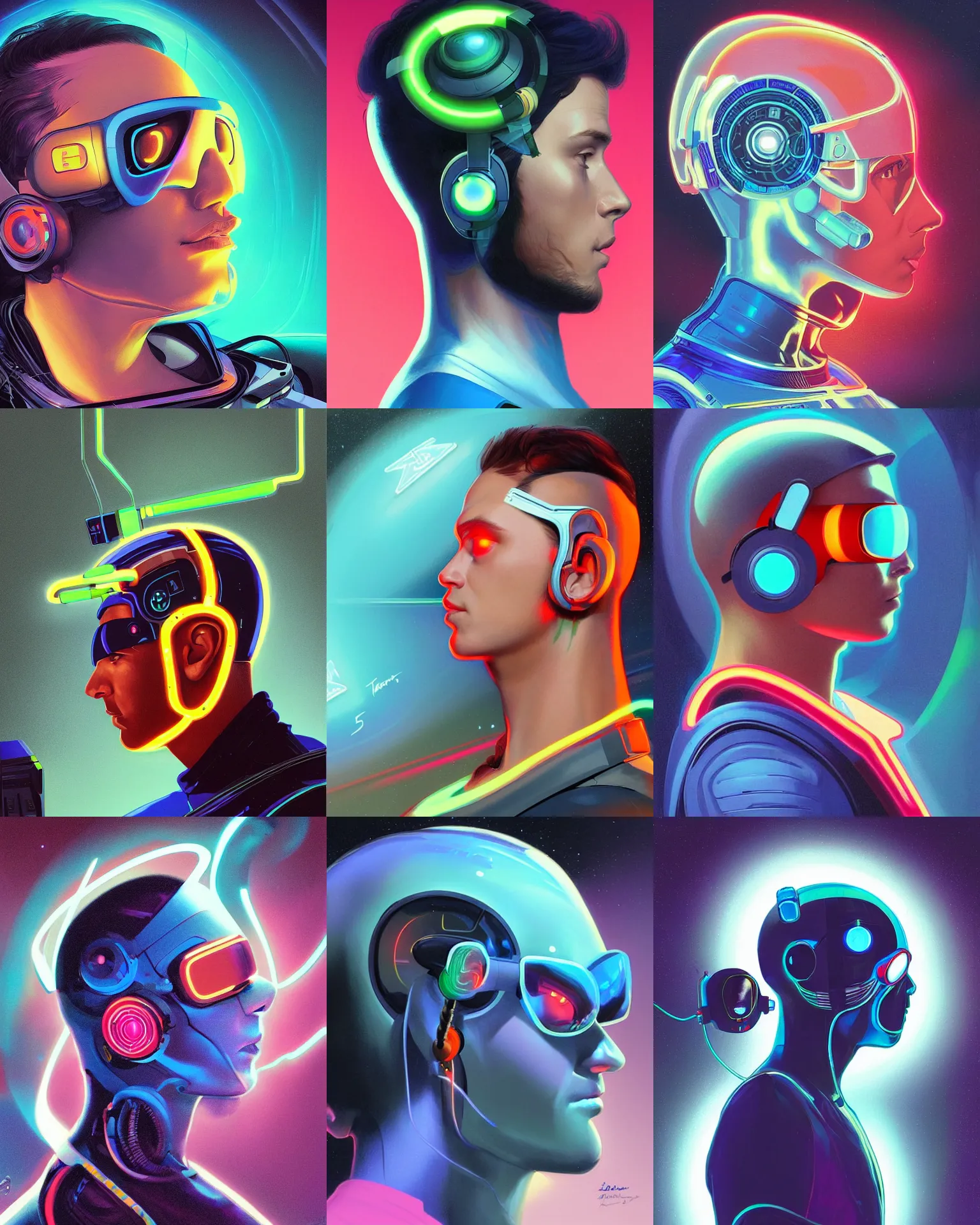 Prompt: profile side view future coder man, sleek cyclops display over eyes and sleek bright headphoneset, neon accent lights, holographic colors, desaturated headshot portrait digital painting by dean cornwall, rhads, john berkey, tom whalen, alex grey, alphonse mucha, donoto giancola, astronaut cyberpunk electric widow's peak