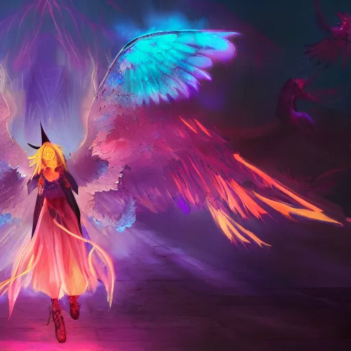 Prompt: young novice witch summons with burning wings serious colorful 4 k high definition dramatic lighting artstation trending path traced contrast light and dark colorful bokeh massive scale cinematic breathtaking by dore, gustave