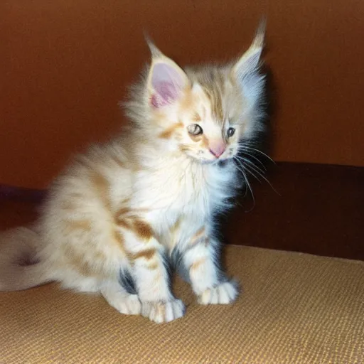 Prompt: a cream - colored maine coon kitten, in the style of palmate panther ( 1 9 8 8 ) by peter kitchell