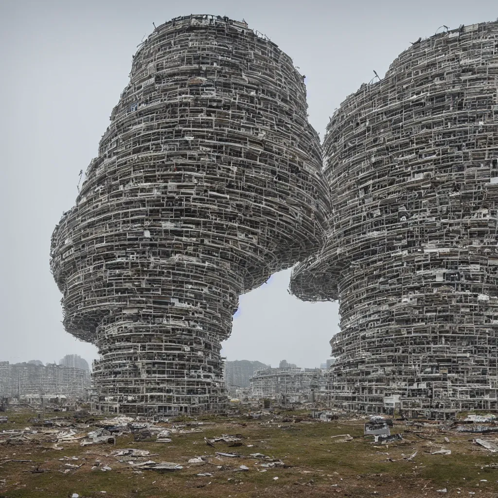 Image similar to a circular tower, made up of makeshift squatter shacks, dystopia, sony a 7 r 3, f 1 1, fully frontal view, photographed by andreas gursky