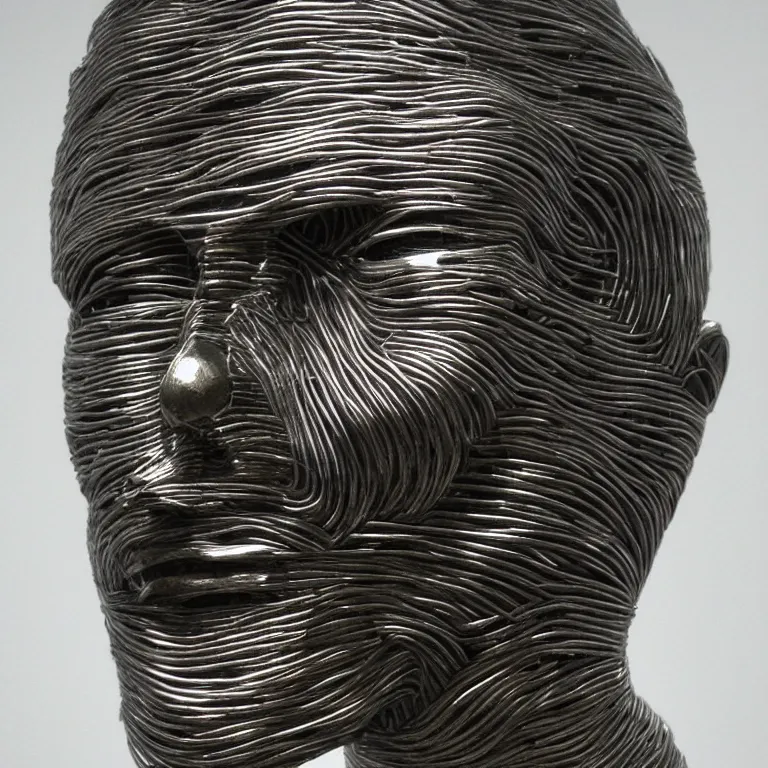 Image similar to sculpture of a head made from stainless steel staples, museum art, high concept, photorealistic!!, high resolution, dramatic lighting!!, modern art