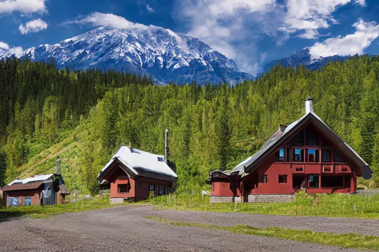 Image similar to architecture photo modern fachwerk house cottage settlement with Elbrus mountain on the background, architecture, photorealism 8k , high details