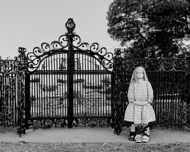 Image similar to black and white photo of Spooky Twin girls standing in front of a Victorian wrought iron gate at sunset