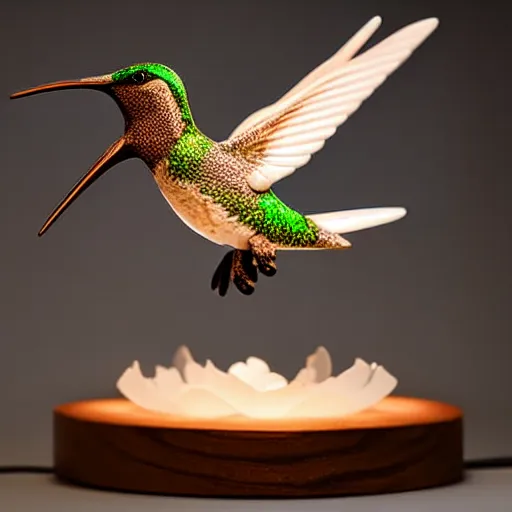 Prompt: intricate hummingbird carved from ivory, bioluminescent, photograph, studio lighting