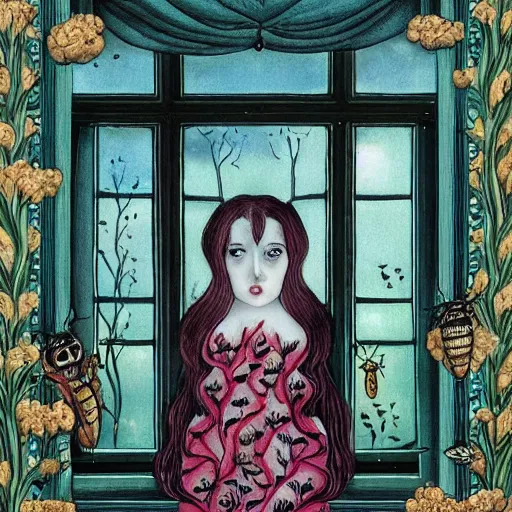 Image similar to a portrait of a woman standing infront of a window, she is happy and has lovely hair and eyes, a man is standing behind her with a look of suprise in his face, 🪴🌳🐝, 8 k, lowbrow, in the style of daniel merriam and alexander jansson,