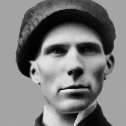 Image similar to A photograph portrait of Jerma985 wearing a newsboy cap in the early 1900s, taken in the early 1900s, grainy, taken on a early 1900s Kodak Camera, realistic, hyperrealistic, very realistic, highly detailed, very detailed, extremely detailed, detailed, digital art, trending on artstation