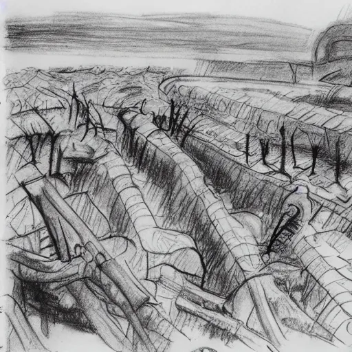 Image similar to milt kahl sketch of world war 1 trenches with the city of miami in the background