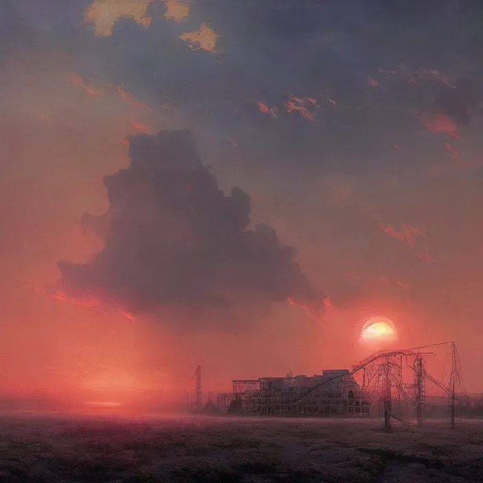 Prompt: a beautiful painting of chernobyl sunset by ivan aivazovsky and zdzisław beksinski and rene magritte and greg rutkowski and james gurney, in style of digital art. hyper detailed, sharp focus, soft light. octane render. maya. ray tracing. trending on artstation