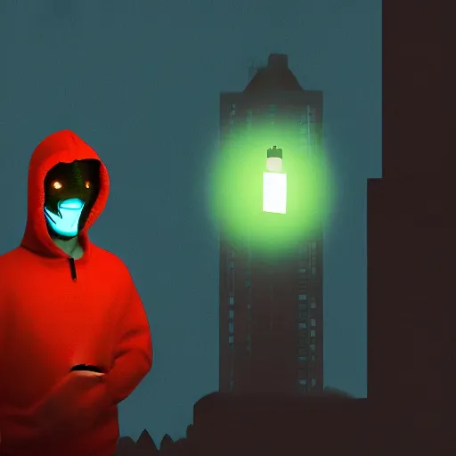 Image similar to guy in the mask with the hood in the night city under the glowing lamp digital art pixel made in blender