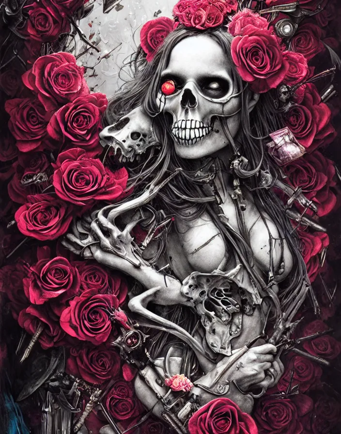 Image similar to Alice in Wonderland,roses, bullets, guns,death tarot card,highly detailed,half skull face,cinematic,8k,by Stanley Artgermm,Tom Bagshaw,Greg Rutkowski,Carne Griffiths, Ayami Kojima, Beksinski, Giger,trending on DeviantArt,hyper detailed,horror, full of colour