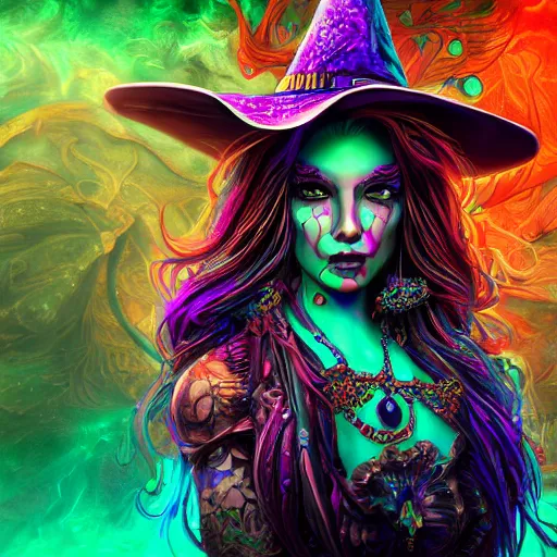 Image similar to psychadelic witch, beautiful face, hyper detailed, flowing psychadelic background intricate and detailed, ornate 8 k gorgeous intricate detailed, octane render