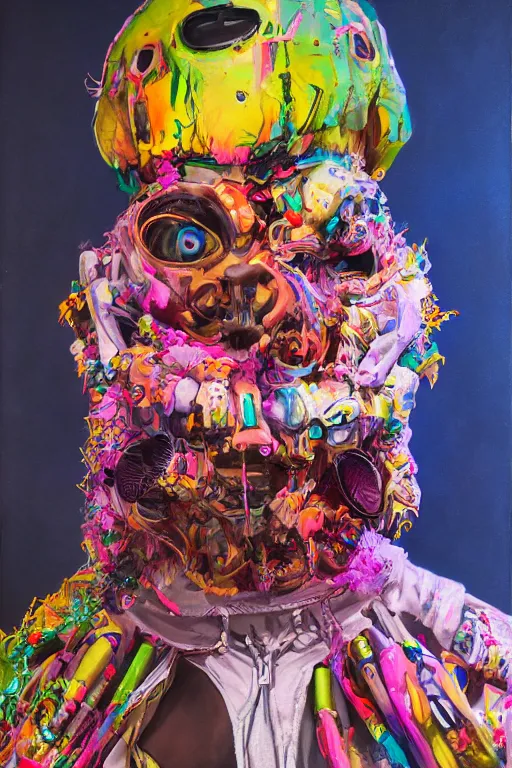 Image similar to a character wearing a diy costume with a lot of details, with fluo colored details, muted colors, satoshi con, hyper real painting