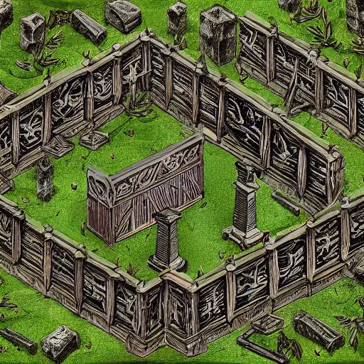 Image similar to medieval cemetery, highly detailed, digital art, isometric