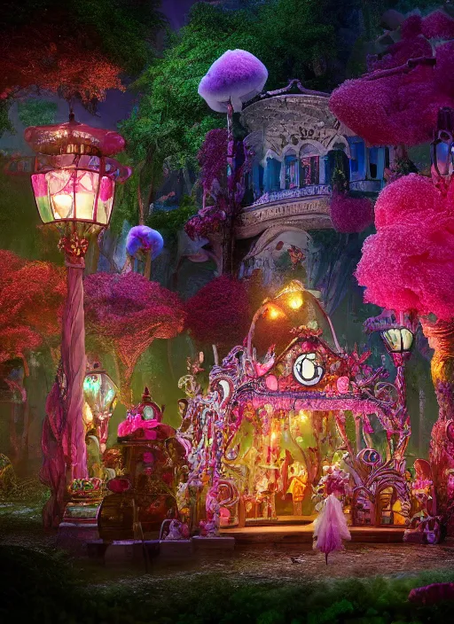 Prompt: Magical enchanted mansion on a candy biome full of oddities made by genshin impact, cotton candy trees, cinematic shot, intricate, ornate, photorealistic, ultra detailed, realistic, 100mm, photography, octane, high definition, depth of field, bokeh, 8k, artstation