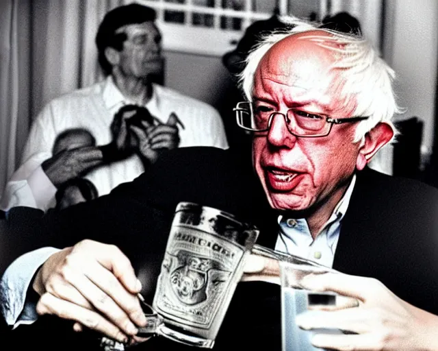 Prompt: bernie sanders drinking vodka with the soviets in the 8 0 s, propaganda poster