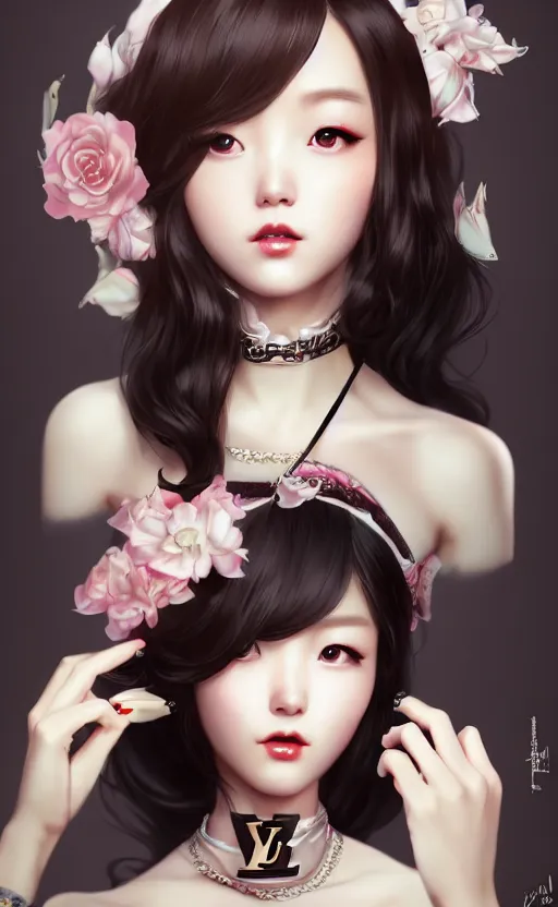 Image similar to a pin up and beautiful fashion charming dreamlke korea girl with lv jewelry, character art, art by artgerm lau and kyoung hwan kim and and ilya kuvshinov and john singer sargent, hyperdetailed, 8 k realistic, symmetrical, frostbite 3 engine, cryengine, dof, trending on artstation, digital art