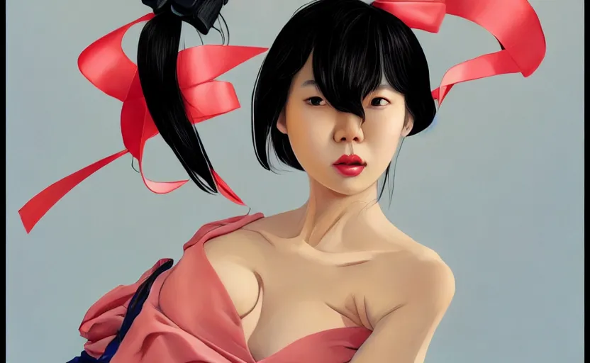 Prompt: sexy korean girl in a low cut blouse and short skirt, seductive pose, shoulder-length hair, ribbon in her hair, earrings, sitting on a bed, very coherent, Houdini algorithm generative art, painted by Edward Hopper, Wayne Barlowe, painted by James Gilleard, airbrush, art by James Jean in the style of artgerm and ilya kuvshinov and ross tran