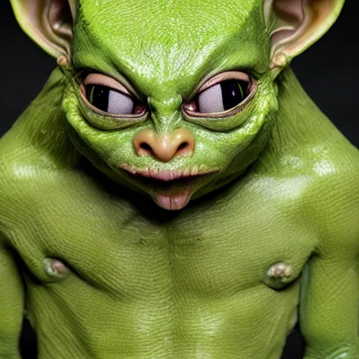 Image similar to portrait of a gremlin. Green skin, pointy nose and evil grin. Detailed face. Photo 8K.