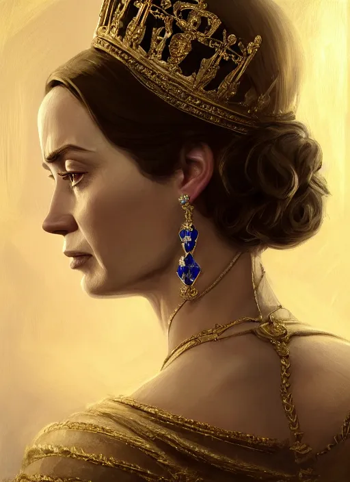 Image similar to portrait of emily blunt as queen, crying, tears, jewelry, greek, sapphire, victorian age, 1 8 9 0, intricate, headshot, key visual, conceptart, ambient lighting, highly detailed, digital painting, artstation, concept art, sharp focus, by makoto shinkai and akihiko yoshida and greg manchess