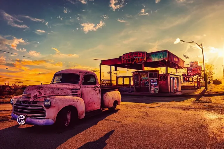 Image similar to a sunset light landscape with historical route 6 6, lots of sparkling details and sun ray ’ s, blinding backlight, smoke, volumetric lighting, colorful, octane, 3 5 mm, abandoned gas station, old rusty pickup - truck, beautiful epic colored reflections, very colorful heavenly, softlight