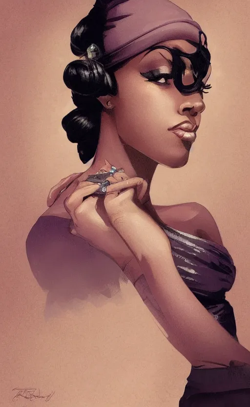 Image similar to an attractive young Black woman, clothed like a 1940s femme fatale, intricate, elegant, highly detailed, digital painting, film noir lighting, Blade Runner city background, trending on artstation, concept art, smooth, sharp focus, illustration, art by artgerm and greg rutkowski and alphonse mucha