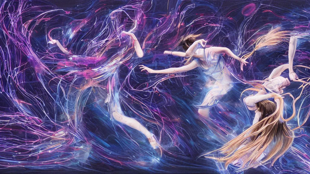 Image similar to a detailed painting of two people dancing togheter inspired by yoshitaka amano enveloped in trails of colorful animal ghosts floating around them. clean painting, realistic and auora lighting. dark blue and intense purple color palette, art by kuvshinov ilya, 8 k