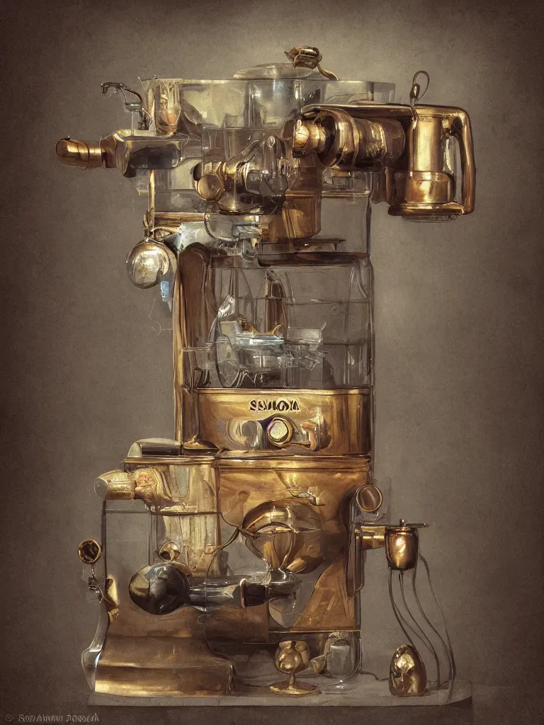 Image similar to product photography of an ancient coffee machine, by Simon Stalenhaag, by Yoshita Amano, by Esao Andrews, sharp focus, fresh colors, conceptart, trending on artstation