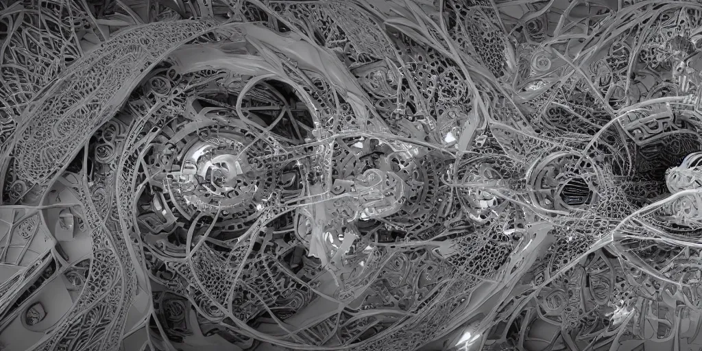 Image similar to dream machine. complex shape. intricate. octane render. 8 k. monochrome. cinematic.