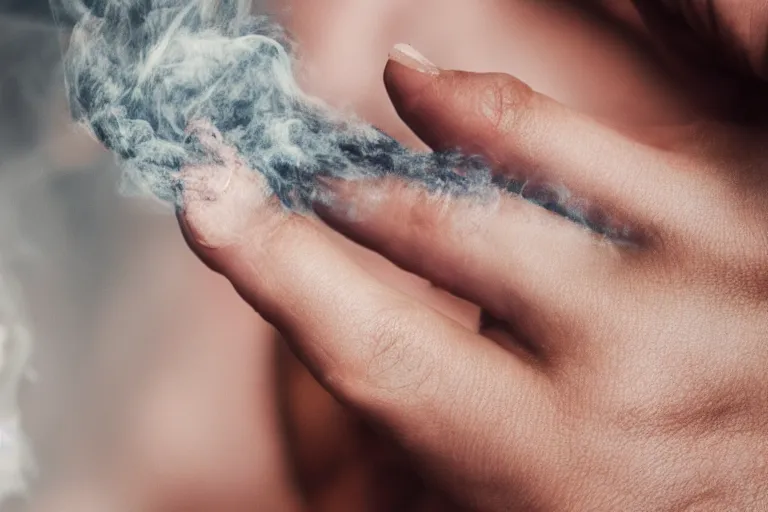 Image similar to Close-up of thin soft hand, hand with cigarette with smoke, hand with five fingers, hyper realistic, high details, photo, super resolution